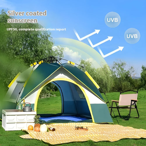 Dark green silver glue 3-4 person automatic quick open camping tent with glass fibre poles