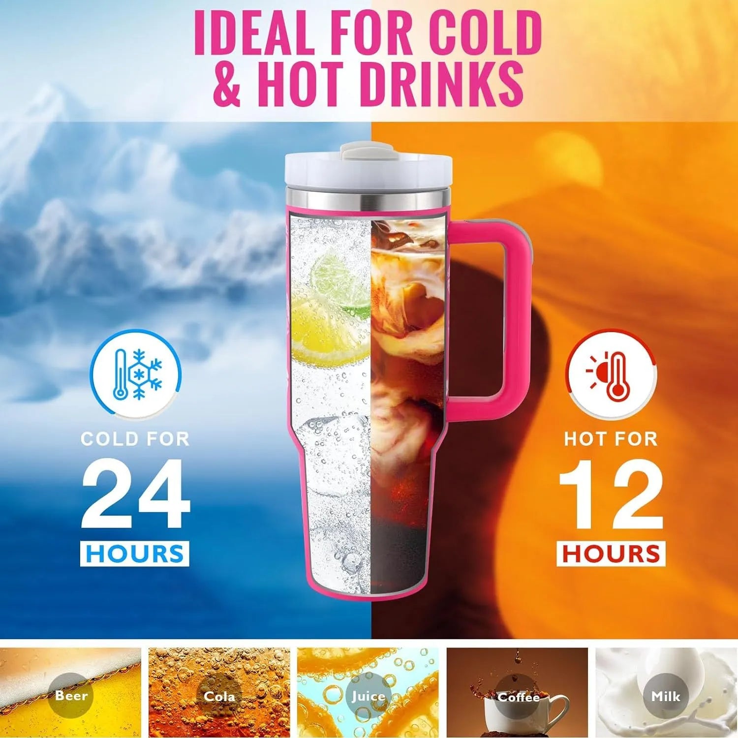 40 oz insulated stainless steel tumbler with handle straw and spill proof lid in a tapered design for car or gym use