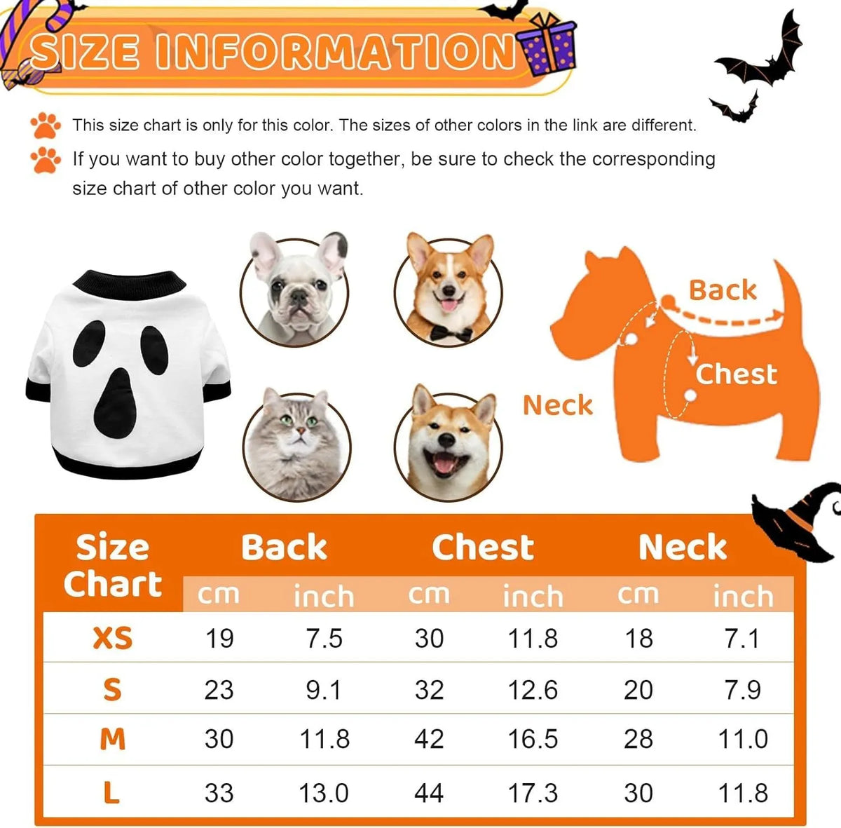 Halloween pet sweatshirt in orange and white cotton with skeleton pattern, ribbed collar and cuffs, sizes XS to XL.