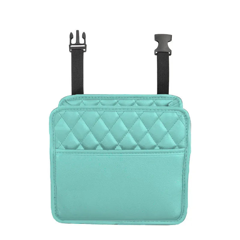 Black leather hanging chair-shaped storage bag for car interior use.