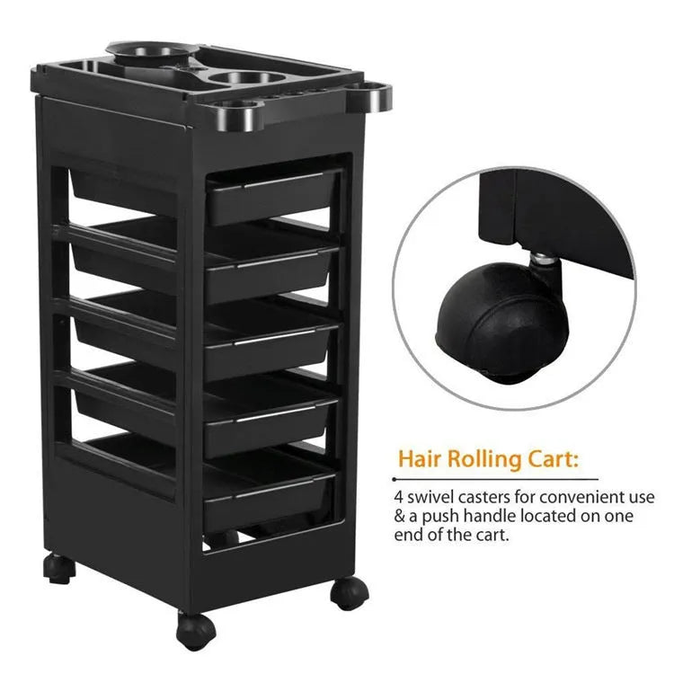Black plastic six-layer hair salon tool trolley for barbers and hairdressers with multi-purpose storage