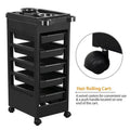 Black plastic six-layer hair salon tool trolley for barbers and hairdressers with multi-purpose storage