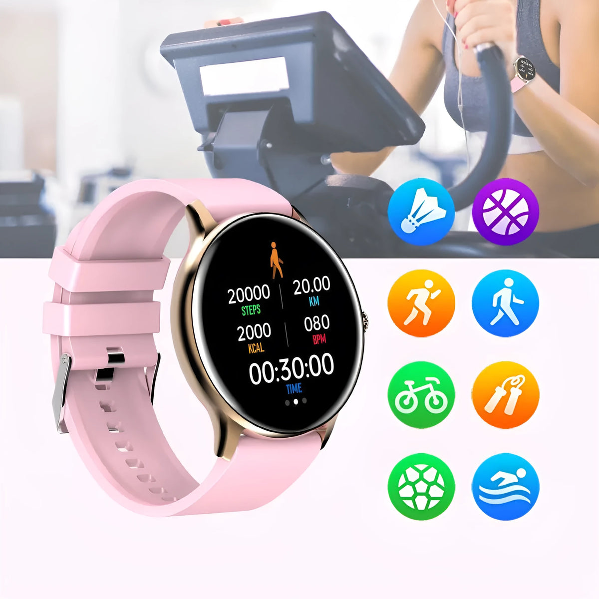Black Bluetooth smartwatch with a 1.28-inch screen on a silicone wristband, showing health monitoring data.
