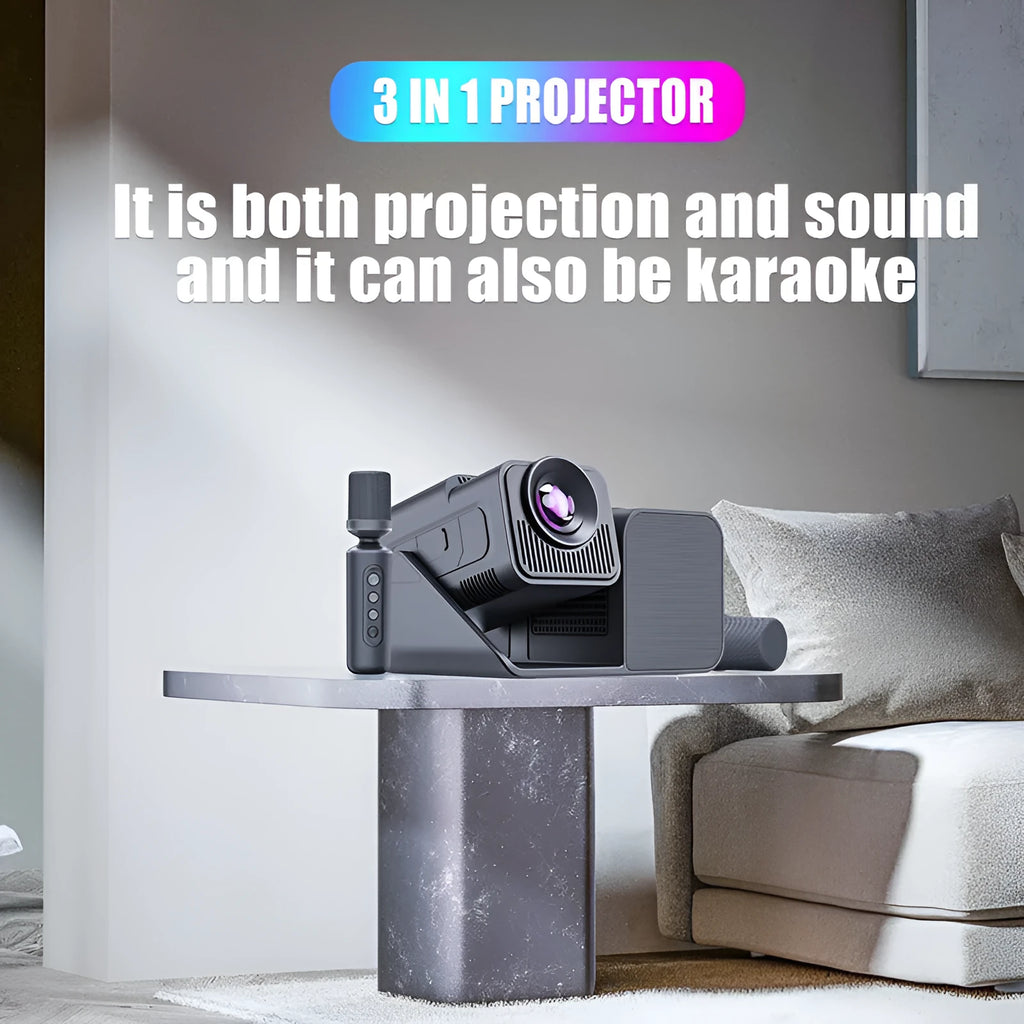 Three-in-one karaoke singing projector with microphone in black finish with 720p resolution