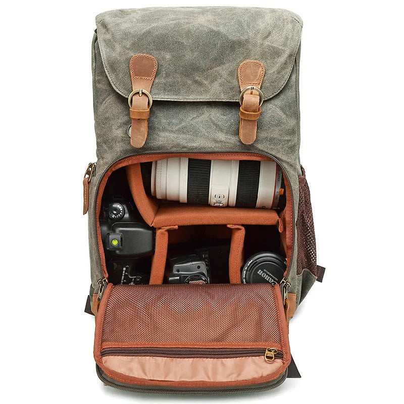 Canvas DSLR camera backpack in khaki colour with waterproof anti-theft features