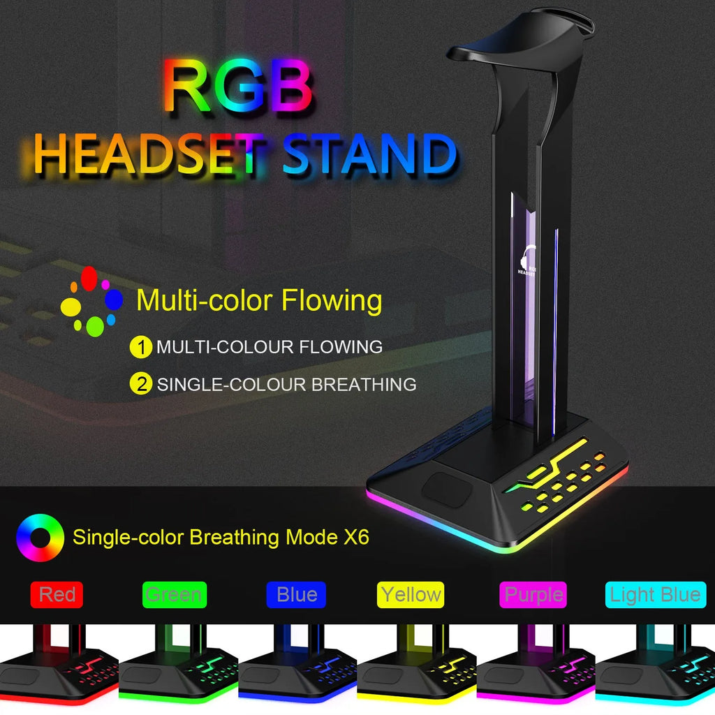 RGB colour-changing headphone holder with dual USB ports on black acrylic stand