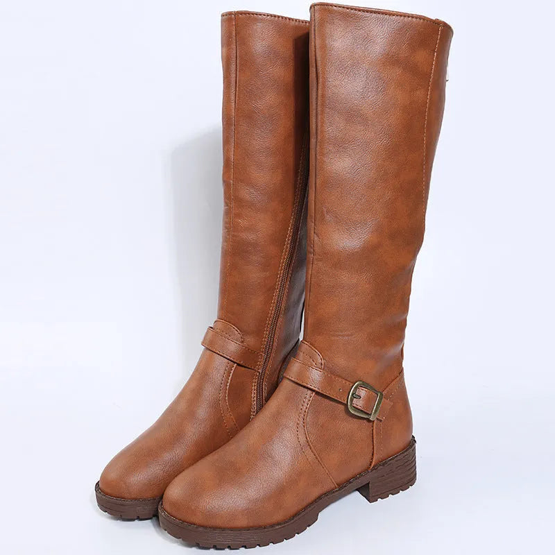 Yellow women's knight boots with a square heel, round toe, and buckle detail on a high calf shaft.