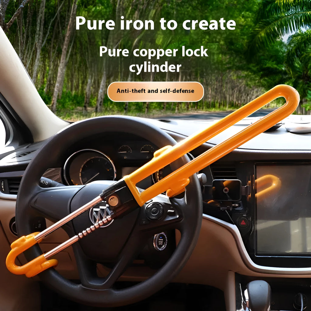 Adjustable iron steering wheel lock in red or yellow, universal fit for car security.