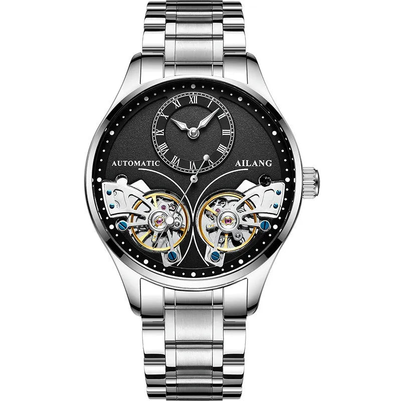 Automatic men's watch with tourbillon and moon phase on black steel strap