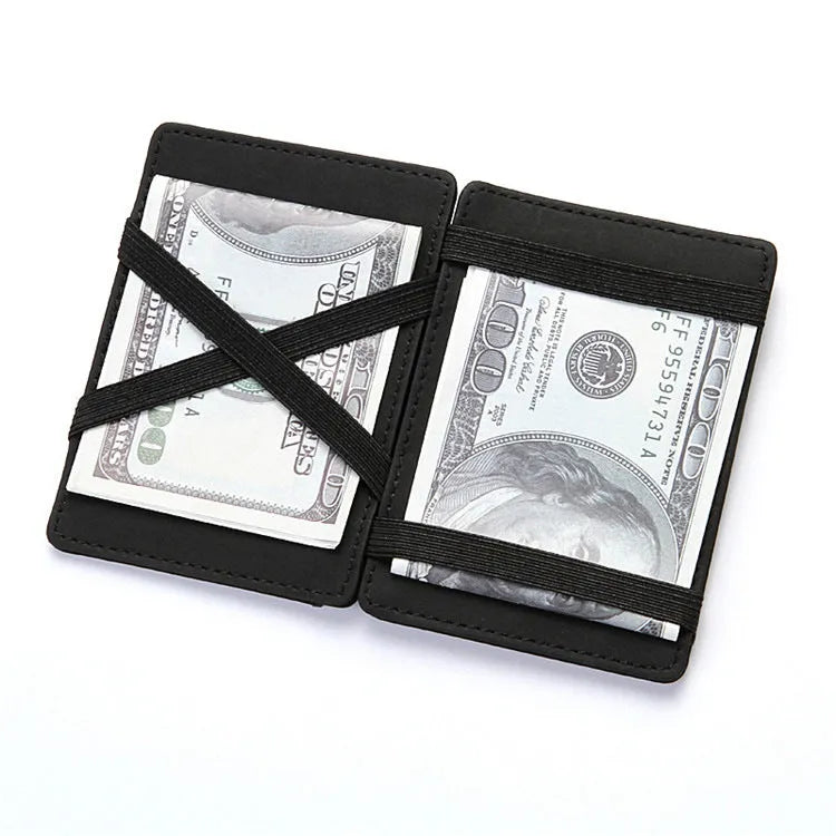 Solid colour PU magic wallet open, showing flip card holder and zippered coin purse in light grey.