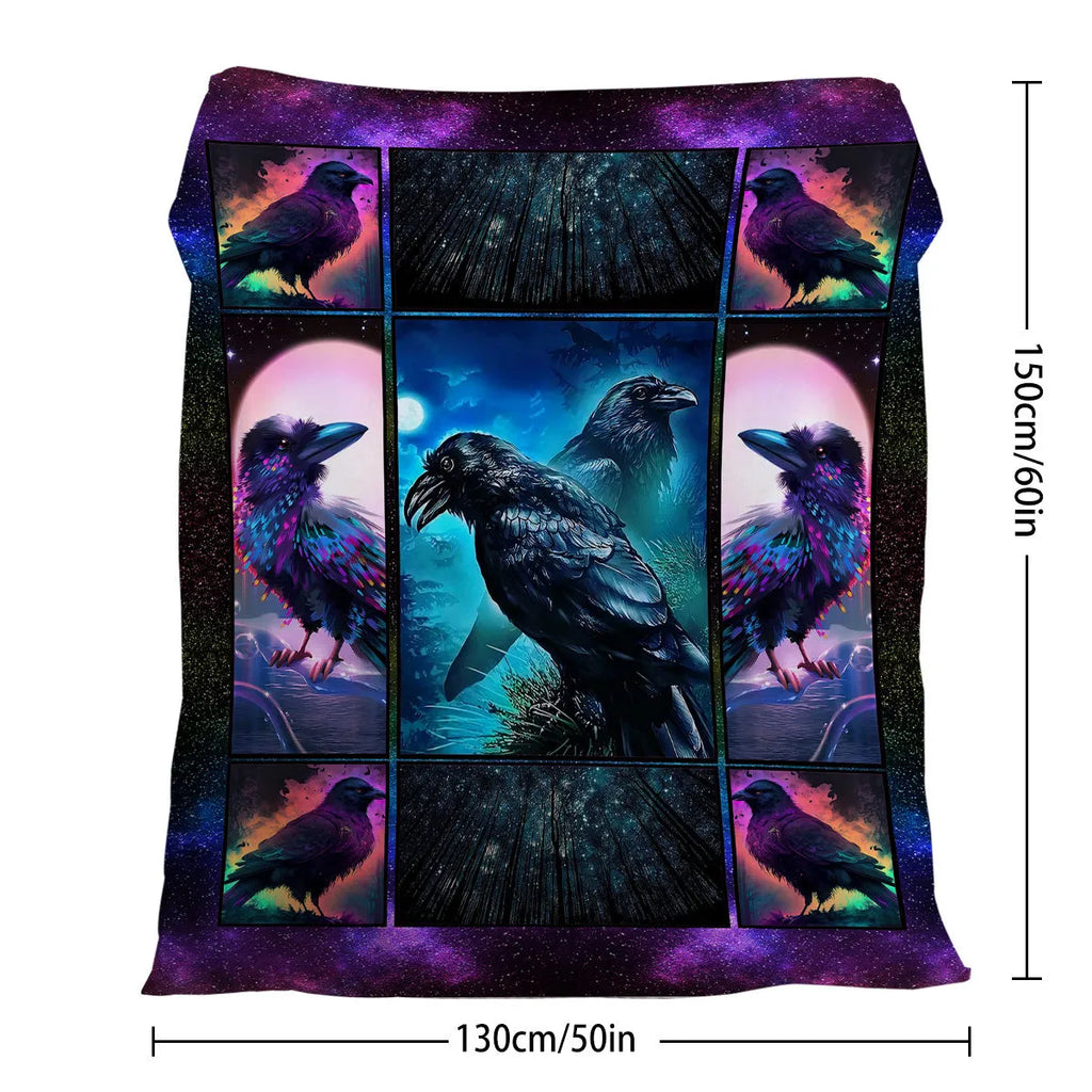 Multicoloured Raven print flannel blanket in 75x100cm, 130x150cm, and 150x200cm sizes with hemmed edges