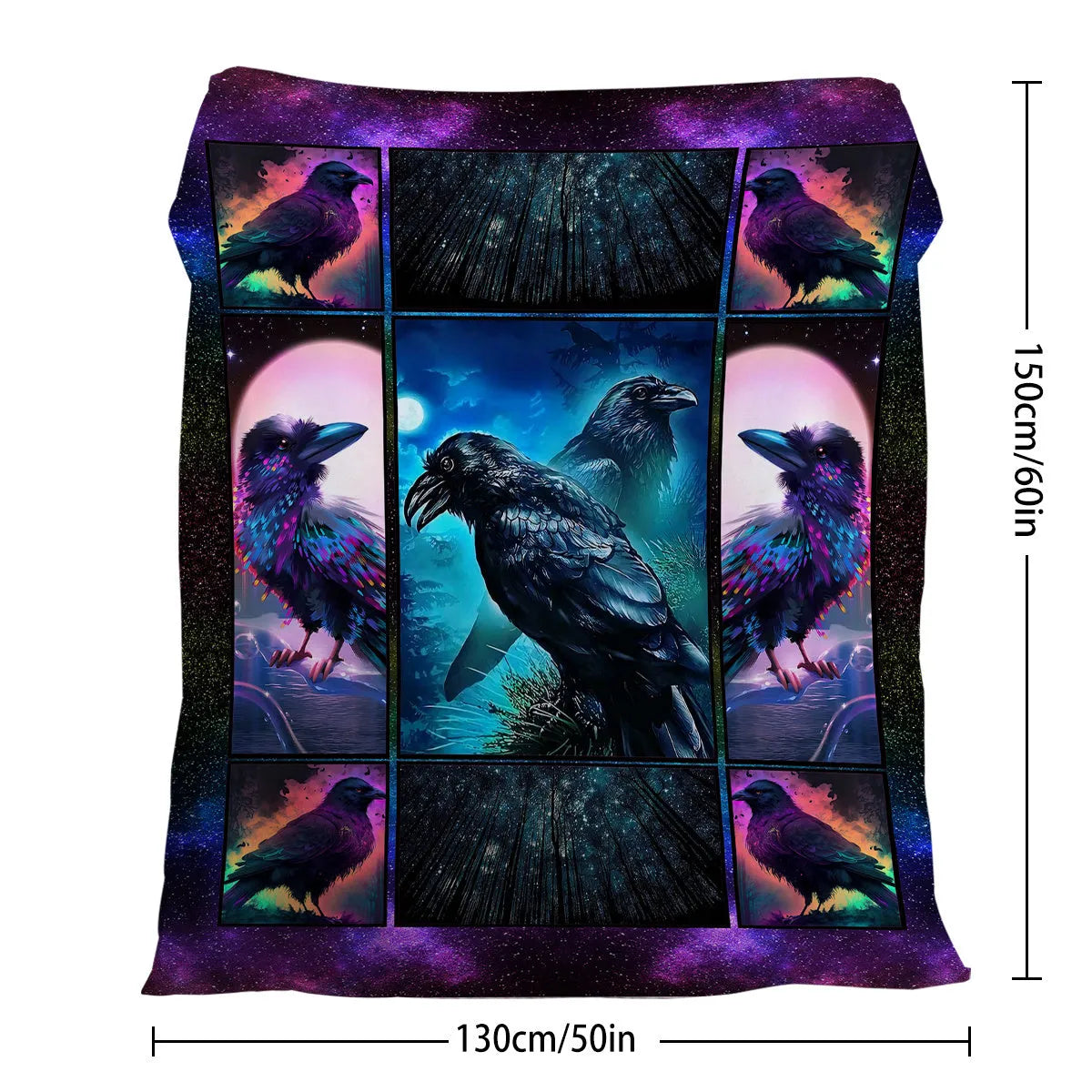 Multicoloured Raven print flannel blanket in 75x100cm, 130x150cm, and 150x200cm sizes with hemmed edges