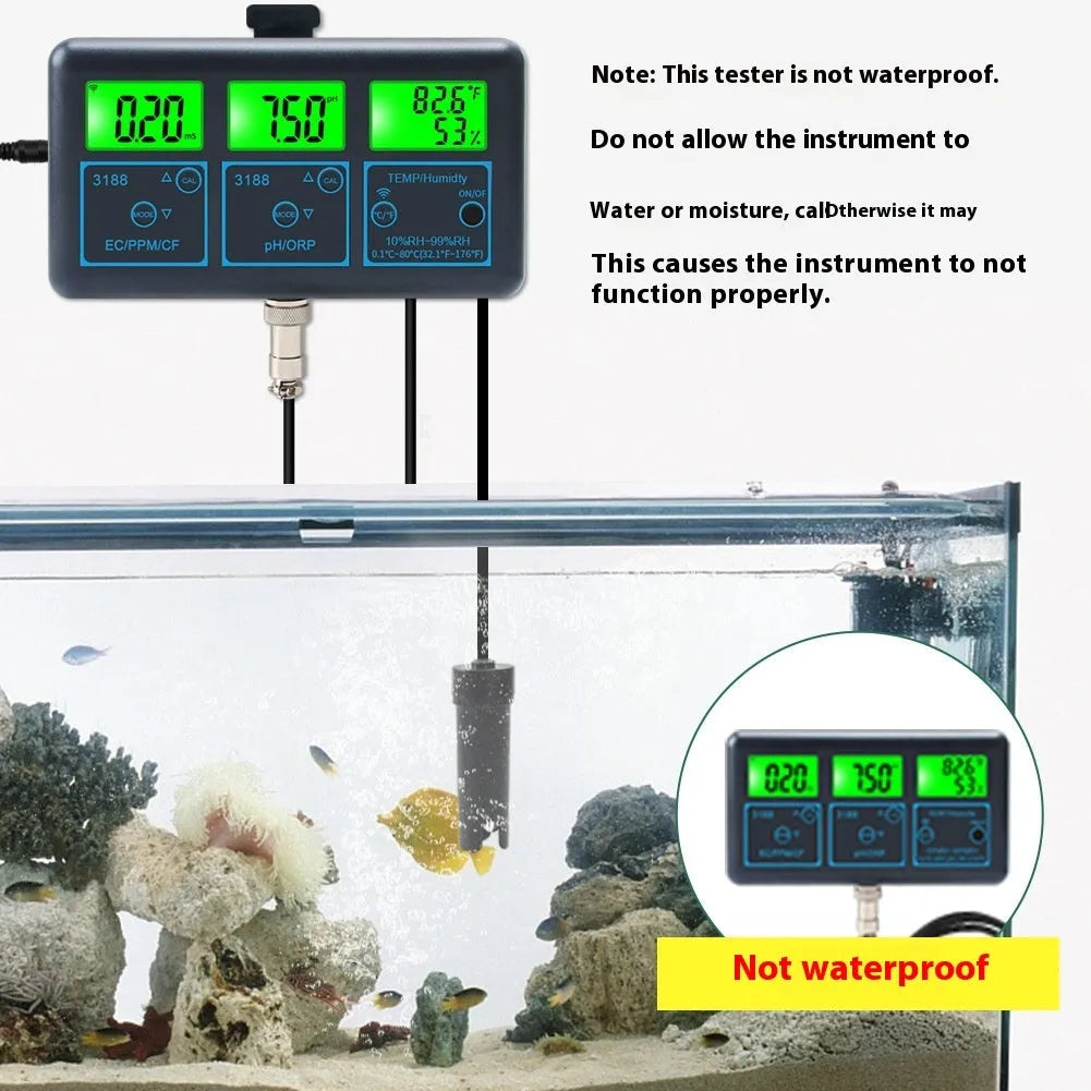 Black 7-in-1 WiFi water quality monitor with electrode, measuring EC TDS pH ORP temperature humidity