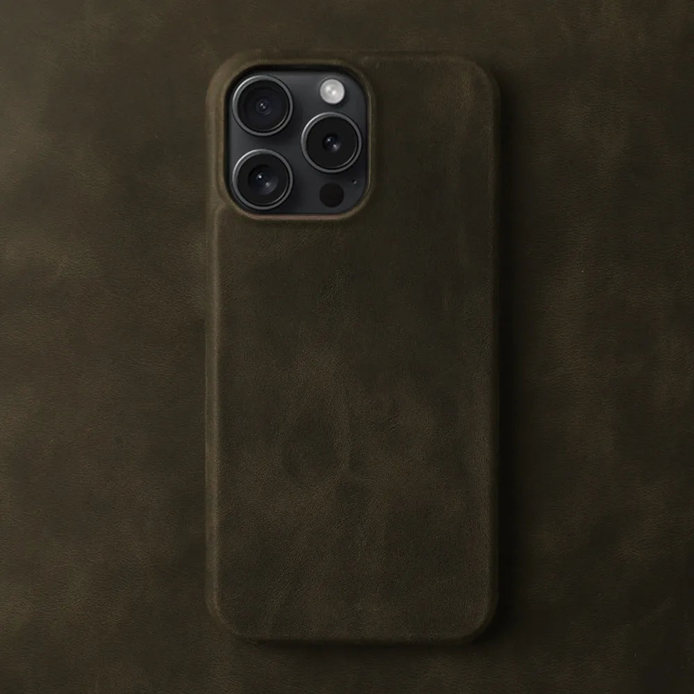 Genuine leather Crazy Horse pattern phone case for iPhone in dark brown with anti-fall protection