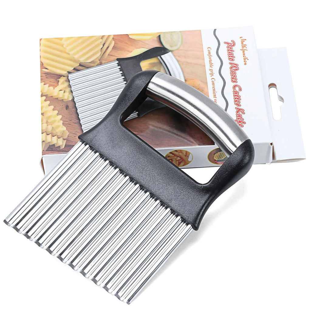 Stainless steel potato wave knife with crinkle-cut blade on a kitchen worktop
