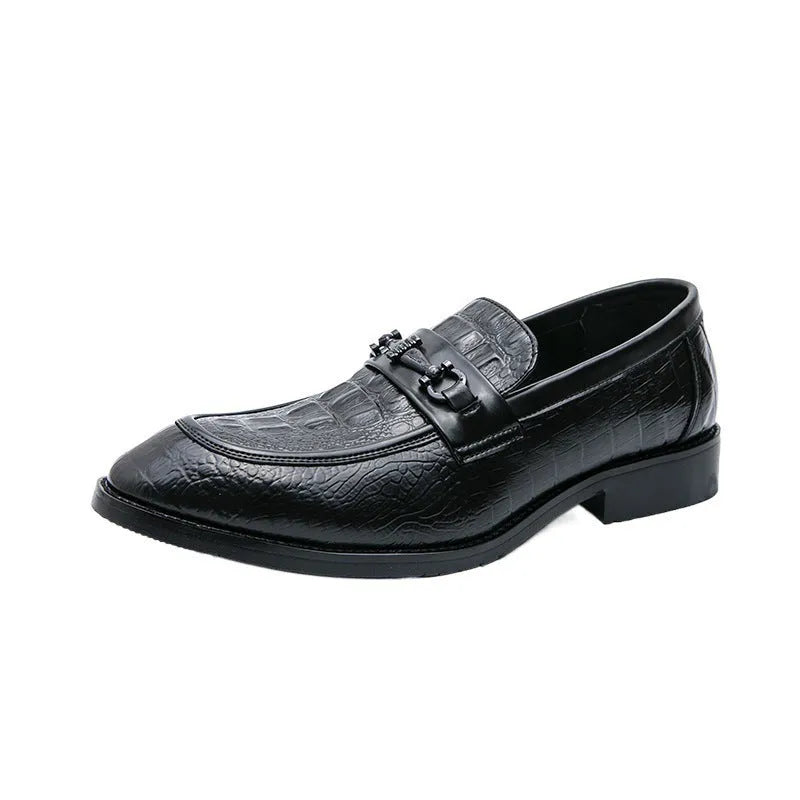 Men's black pointed toe slip-on formal shoes with belt buckle, artificial PU upper, low-top wedding groom's footwear