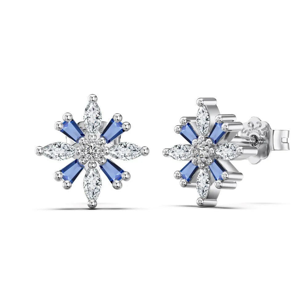 S925 sterling silver snowflake stud earrings in platinum white diamond finish for women