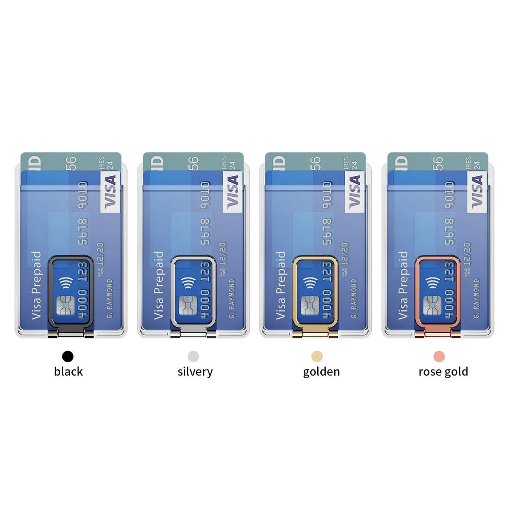 Magnetic card holder bracket with transparent support for phone back cover, shown in black, silver, gold and rose gold options.