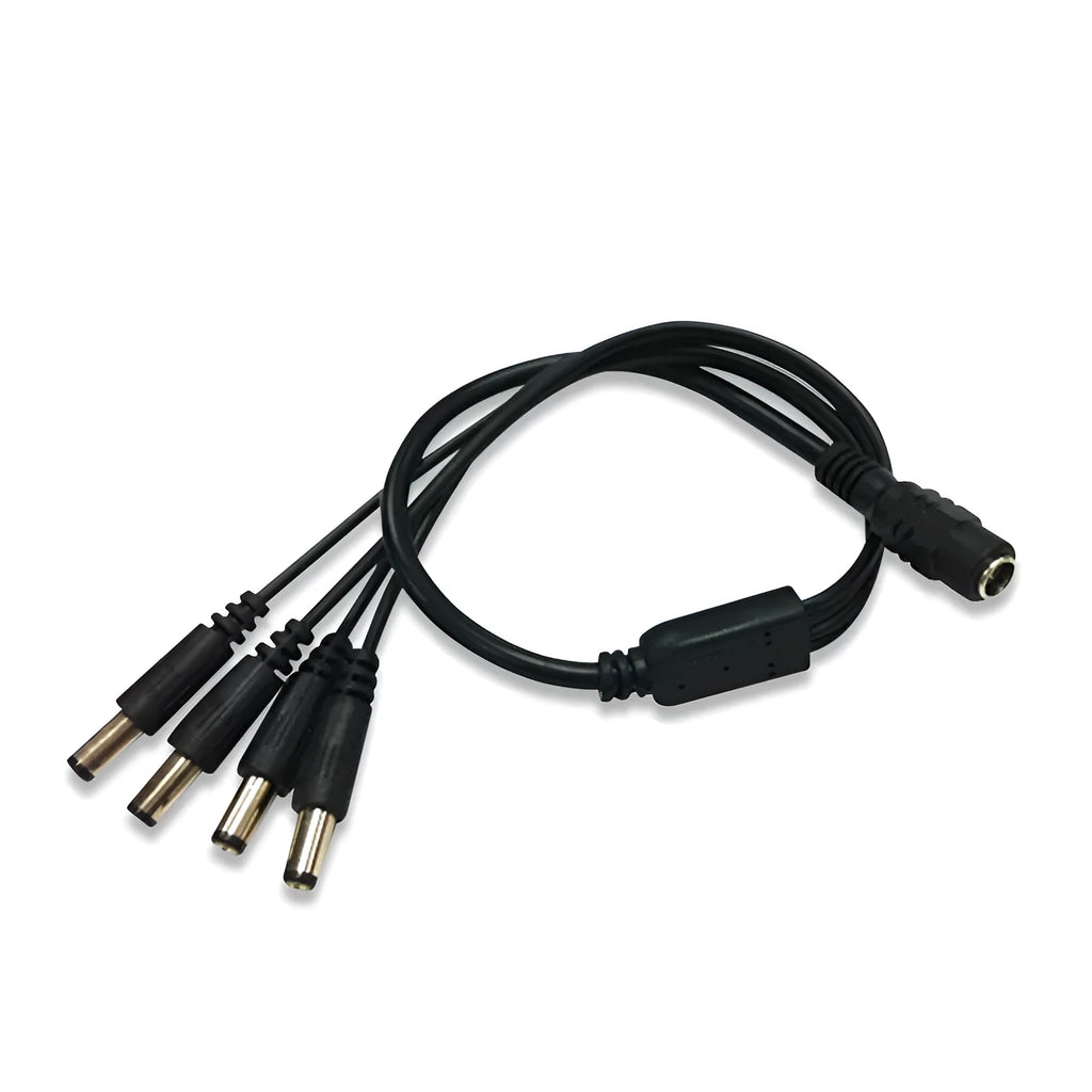 Black DC monitoring power cord with one input and four output connectors for security cameras