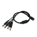 Black DC monitoring power cord with one input and four output connectors for security cameras