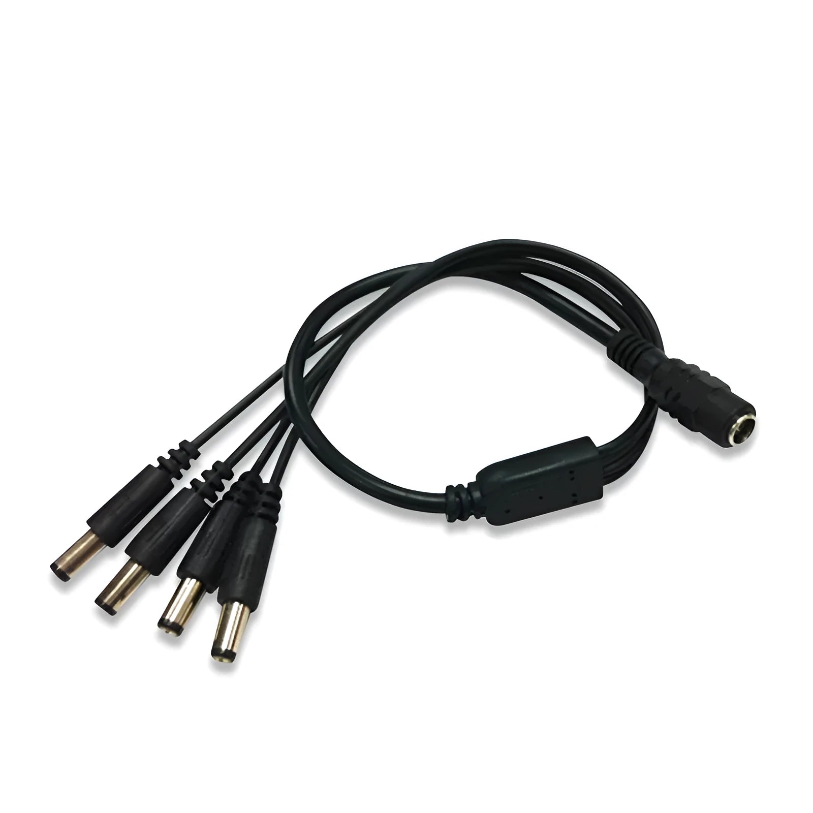 Black DC monitoring power cord with one input and four output connectors for security cameras