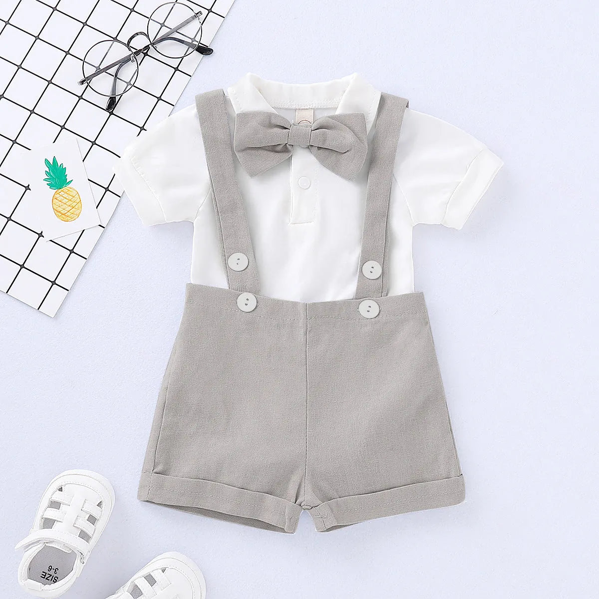Baby romper bow tie overall dress set, three-piece cotton outfit, shorts, neutral, 70cm to 100cm