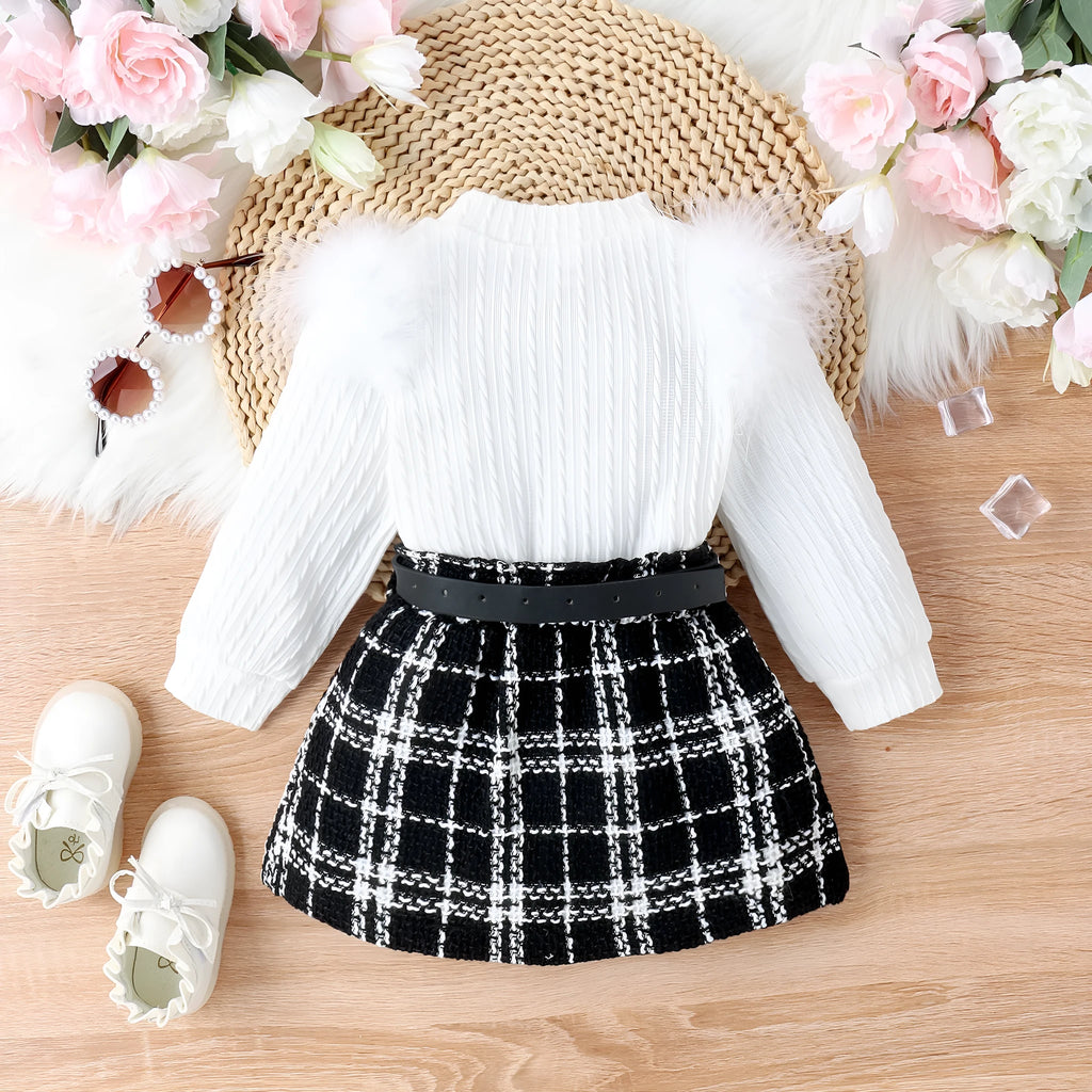 White girls three-piece suit with furry cotton top, woolen skirt and belt for autumn winter