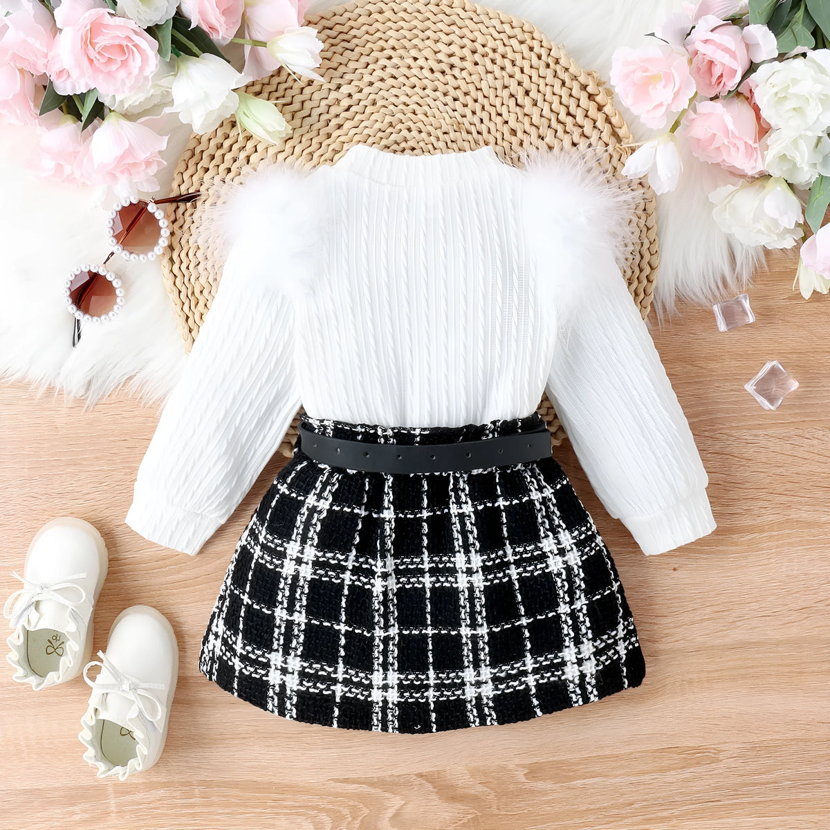 White girls three-piece suit with furry cotton top, woolen skirt and belt for autumn winter