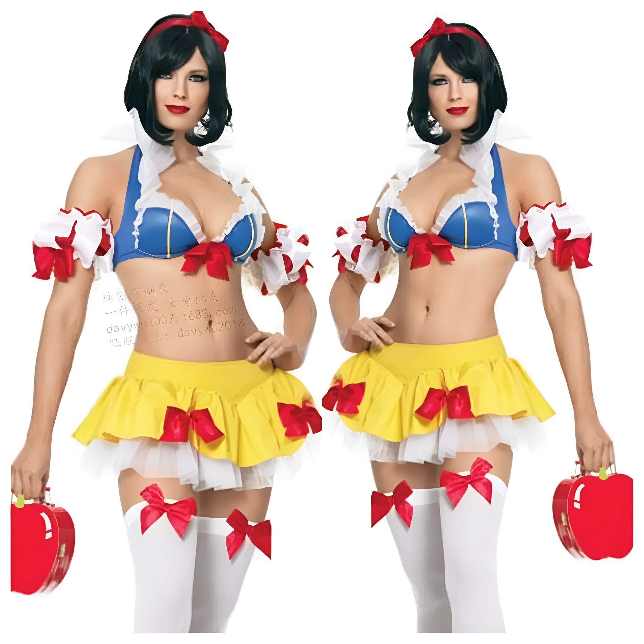 Snow White anime cosplay dress costume set with headwear, top, short skirt, and matching sleeves