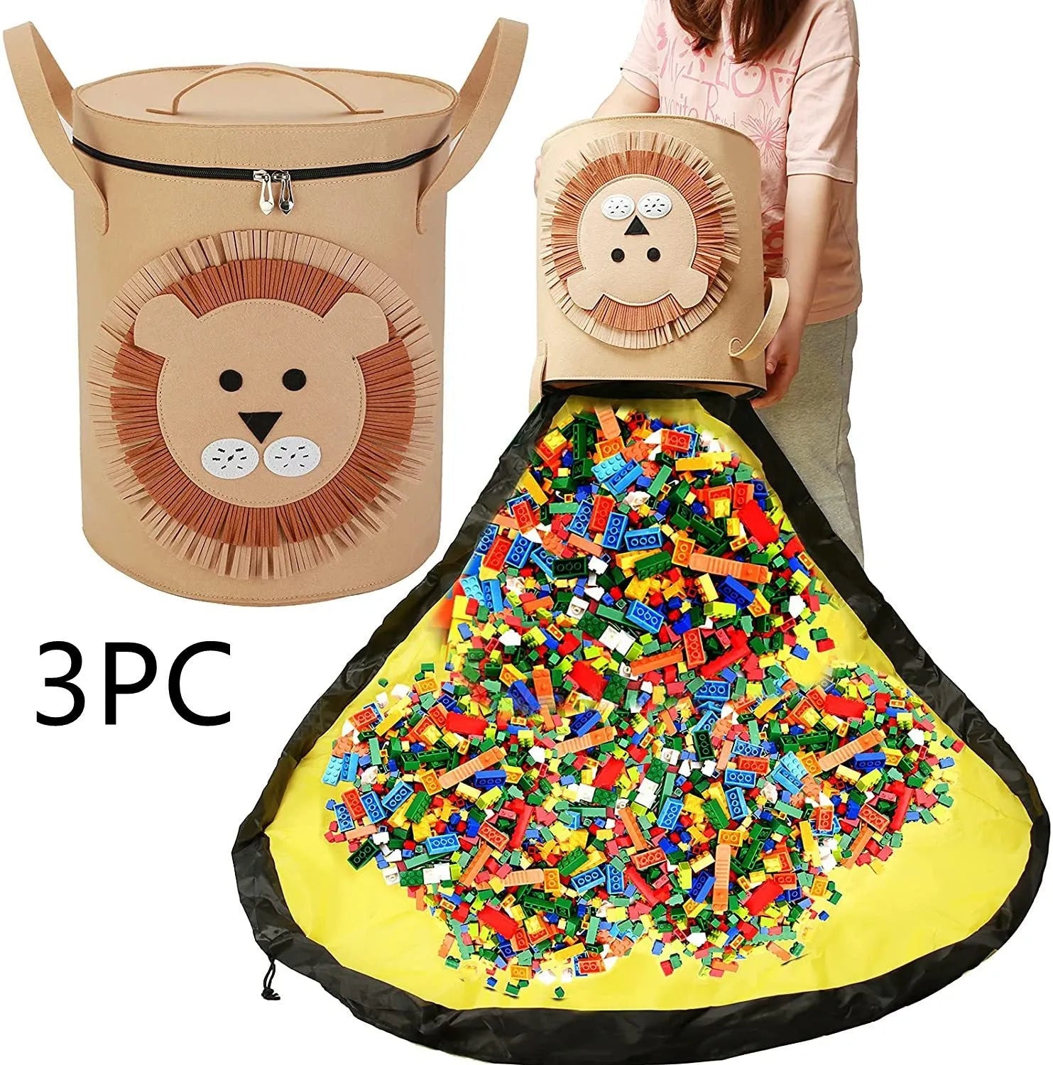 Green felt cube storage bag with a pull rope, shown unfolded as a flat play mat for toys.