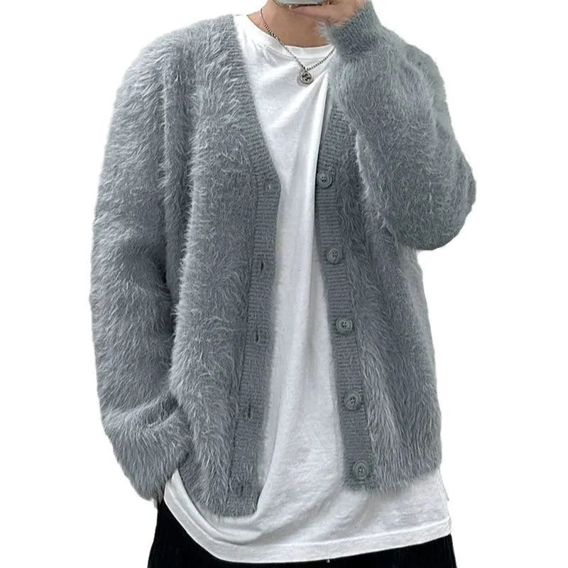 Mohair American retro V-neck sweater coat, loose pullover in white or black, sizes M to XXL