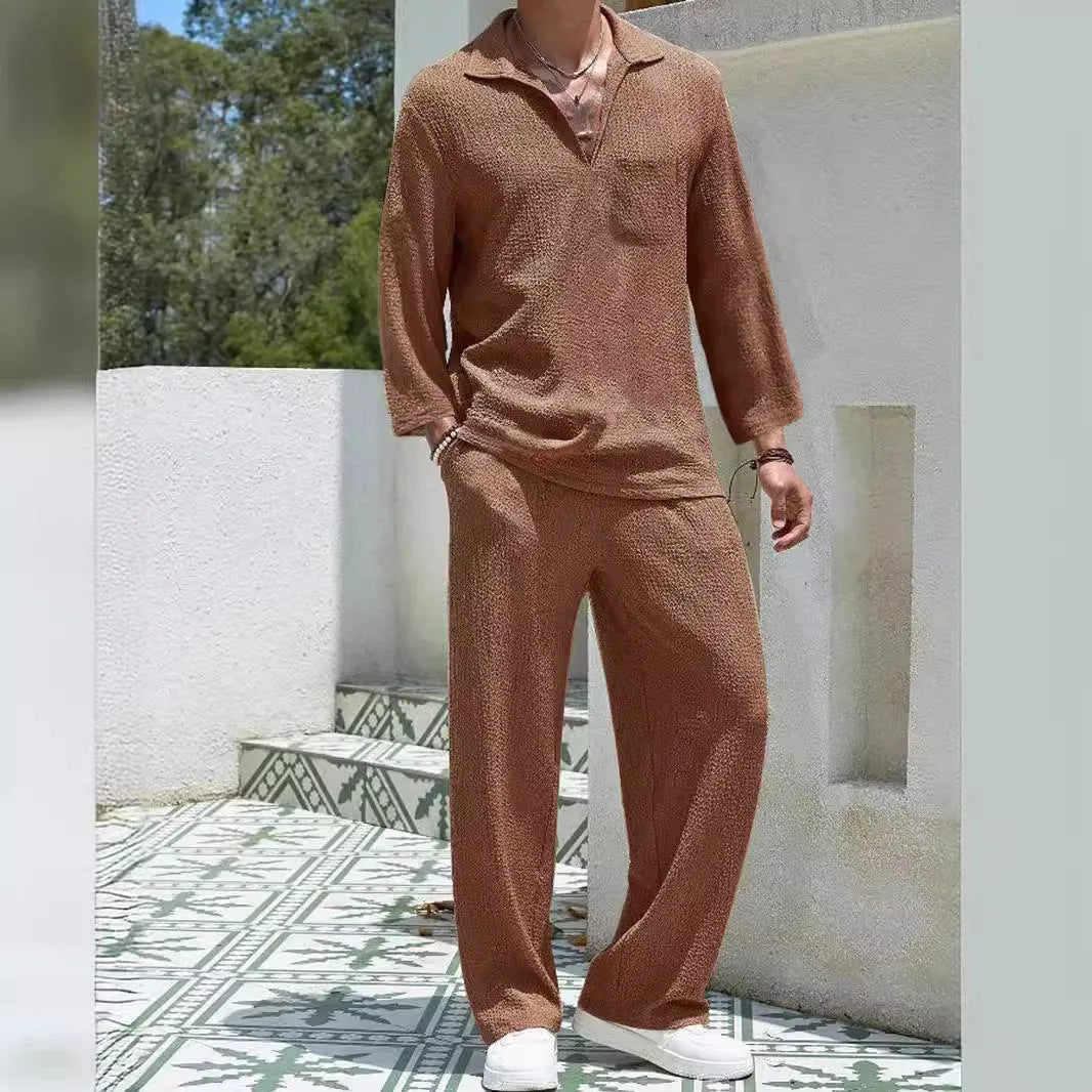 Men's casual commuter suit comprising shirt jacket and matching trousers in polyester fabric