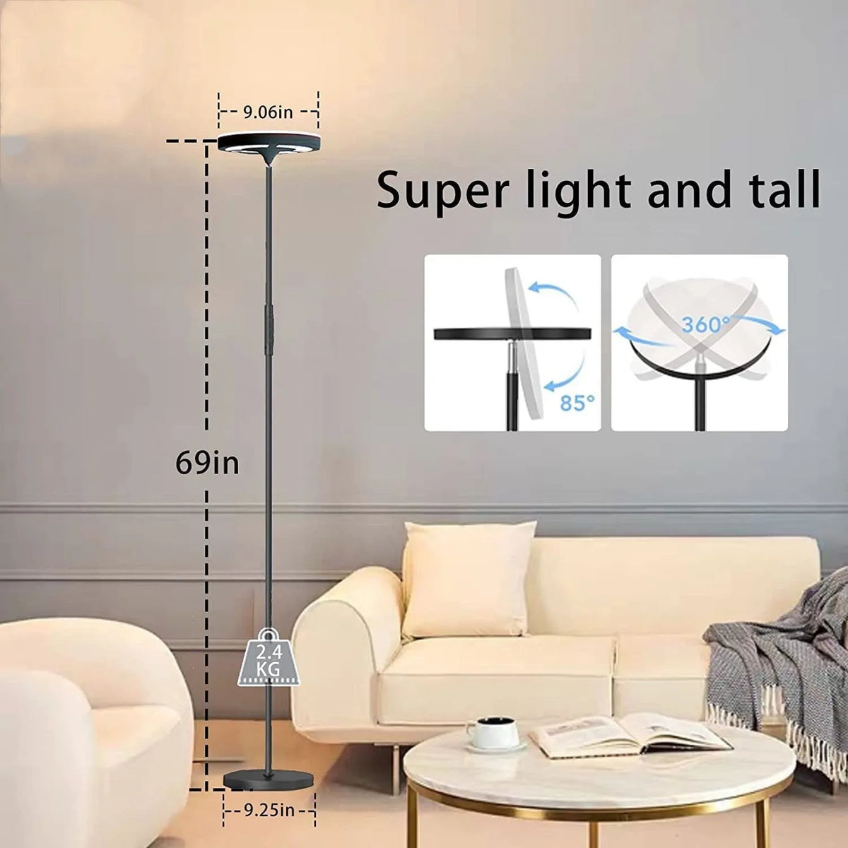 LED floor lamp with RGB uplight and white reading light, remote control, adjustable height 1.75m, 24W 2600 lumens