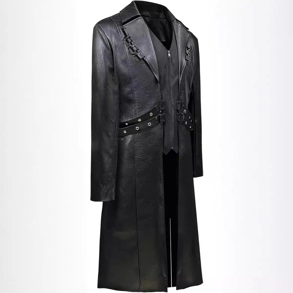 Mid-length black PU leather trench coat with retro medieval style, 65cm body length