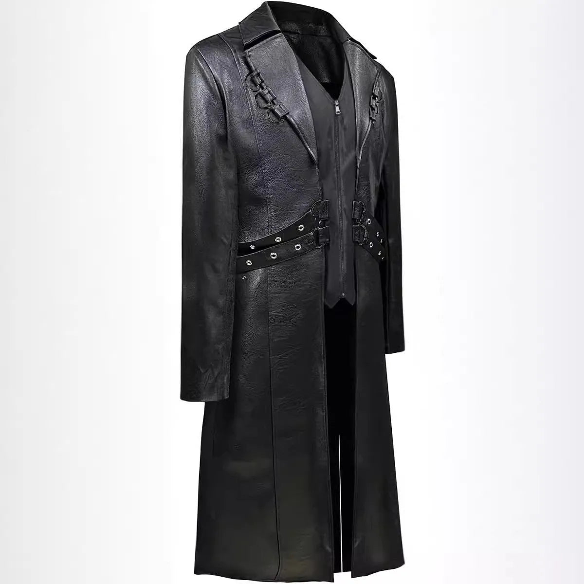 Mid-length black PU leather trench coat with retro medieval style, 65cm body length