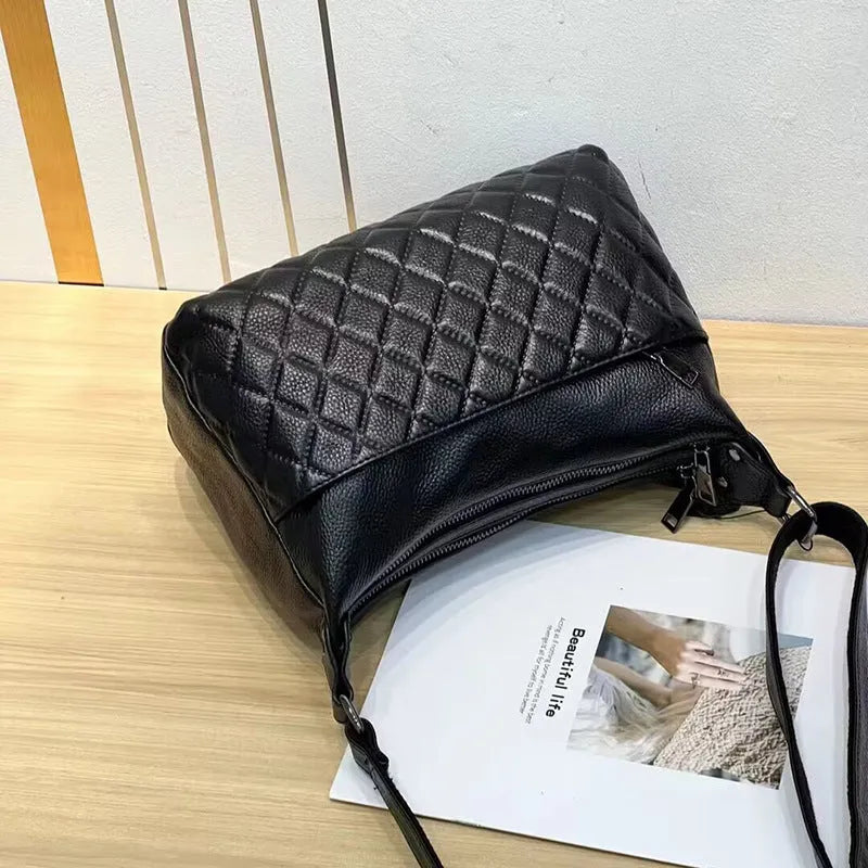 Large capacity genuine leather shoulder underarm crossbody bag with soft horizontal square shape and polyester lining