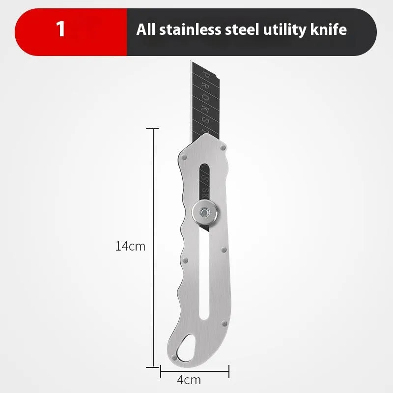 Stainless steel folding art knife with black blade and set of 10 trapezoidal blades