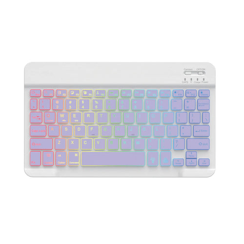 10-inch wireless Bluetooth keyboard with colourful backlit keys shown in a selection of case colours.