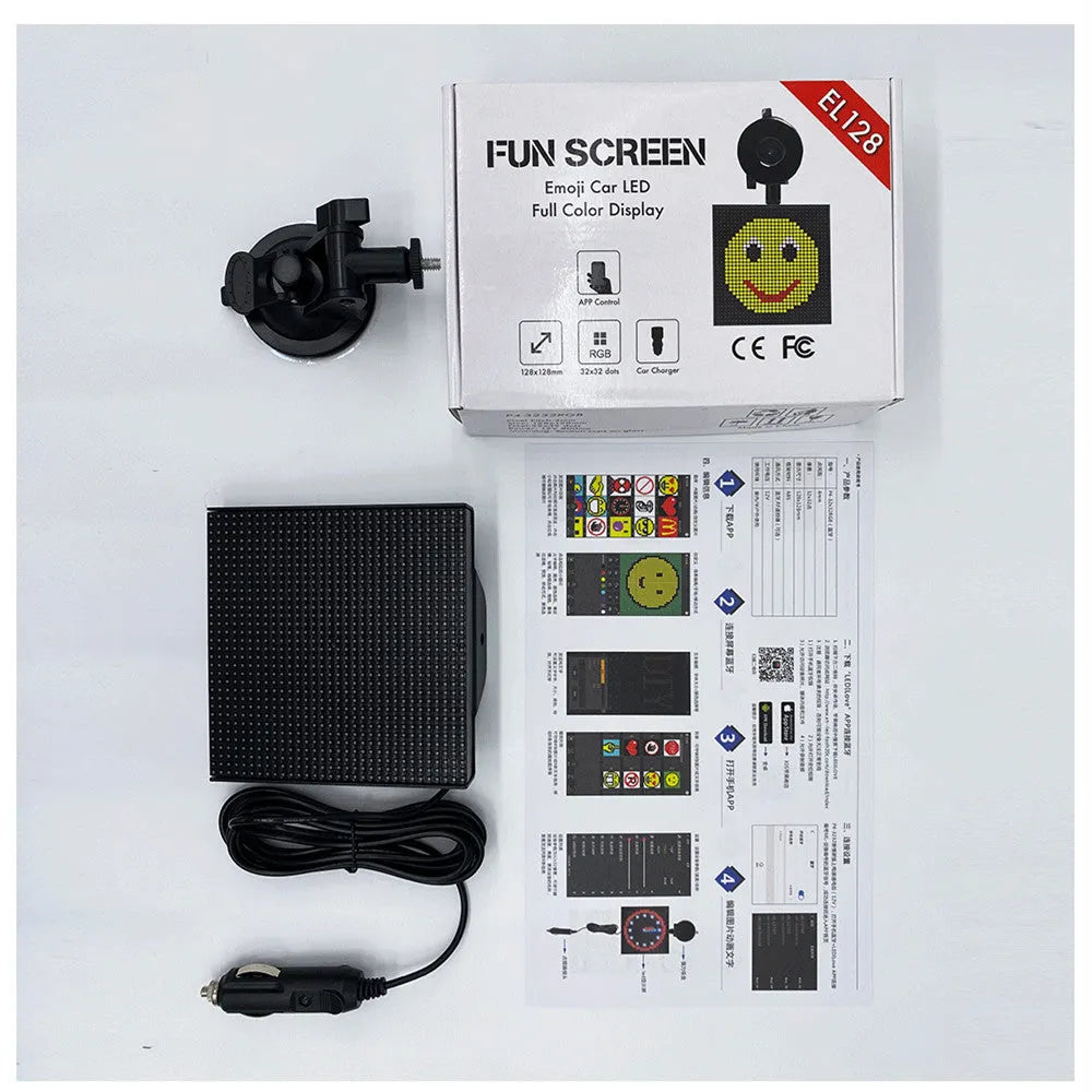Car rear window LED expression screen with hanging installation, Bluetooth and WiFi connectivity, and power cord