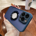 Frosted magnetic suction phone case for iPhone 15 in blue colour showing shockproof protection