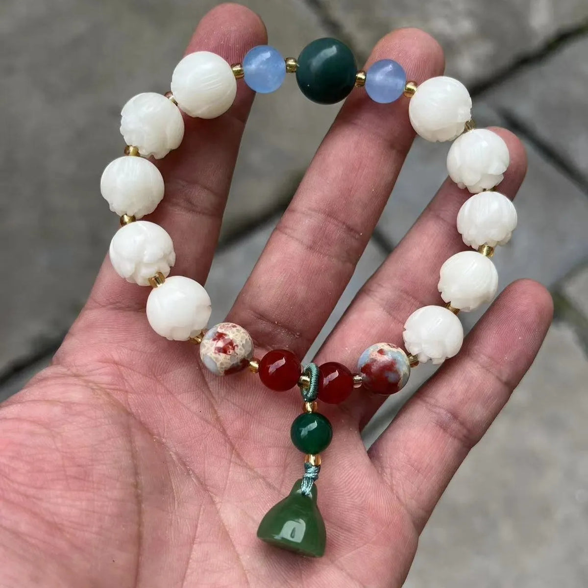 Hand-carved pumpkin lotus beads bracelet in white jade and bodhi root with multiple bead sizes