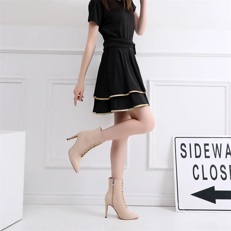 Pair of women's lace-up dance heels with mesh upper and leather sole, shown in black and skin colour, sizes 34-43