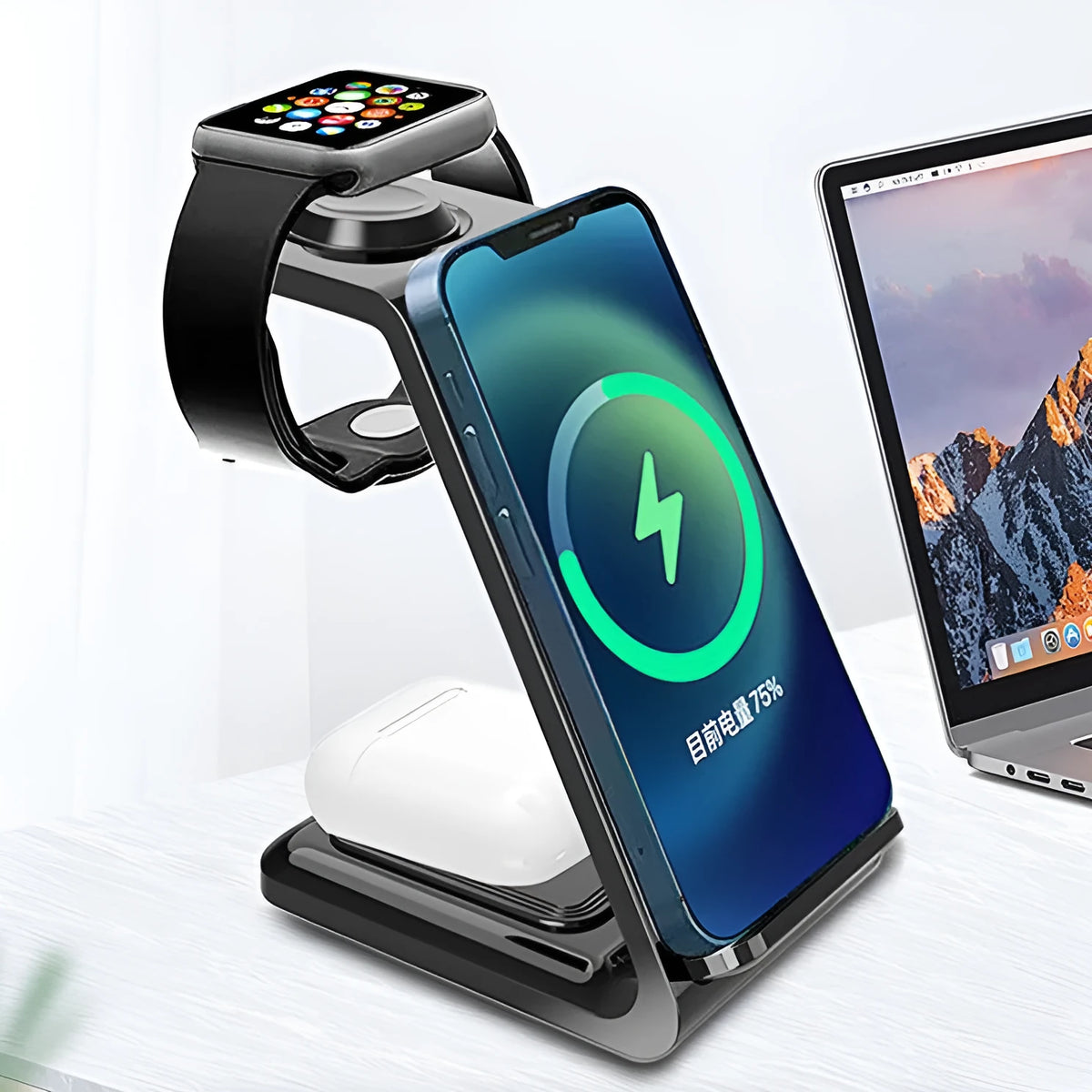 3-in-1 upright wireless charging phone stand in black or white with dual coil technology and QC3.0 fast charging