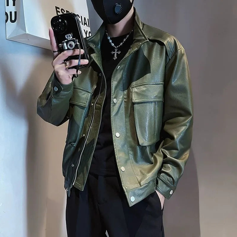 Korean style men's black PU leather pilot jacket with straight hem and side seam pockets