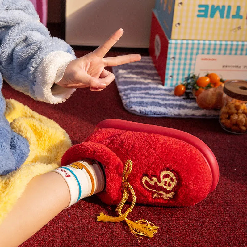 Red ethnic indoor woolen slippers with suede upper and EVA sole, sizes 36 to 45