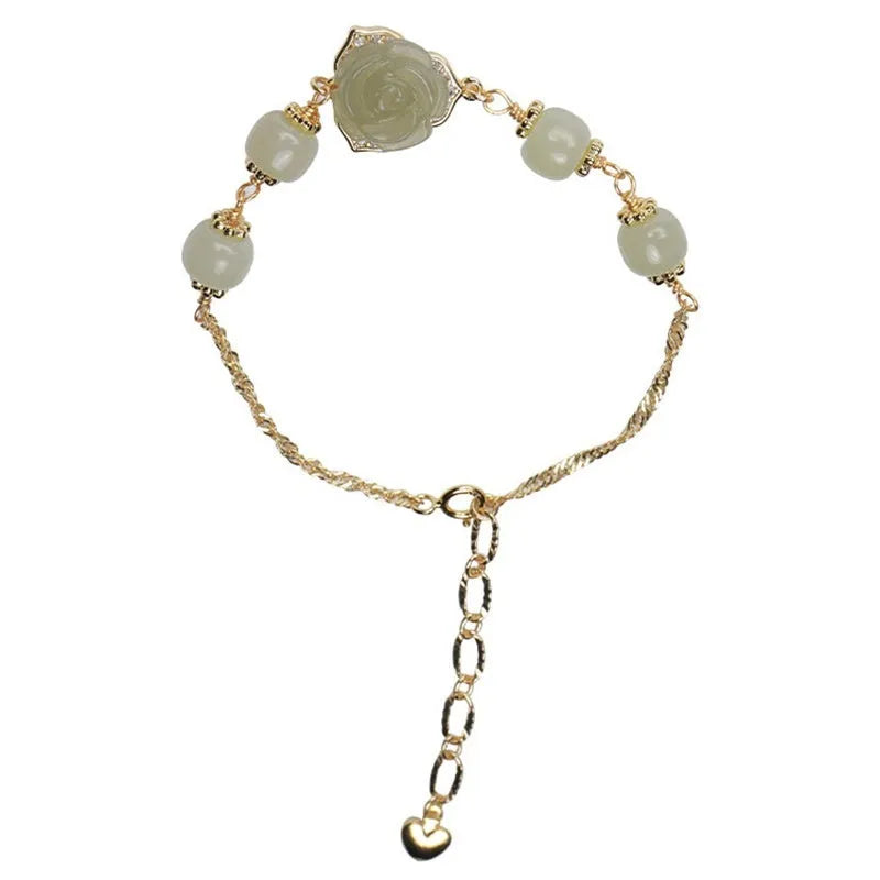 Handmade Hetian Jade women's bracelet with 14K gold gilding and floral rose design