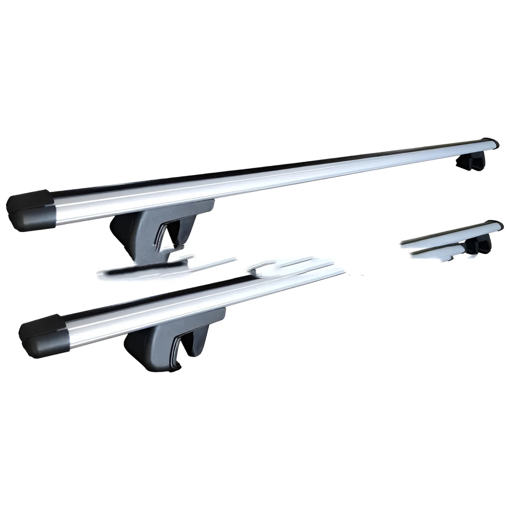 A pair of alloy roof rack crossbars for a General Motors SUV on a vehicle roof.