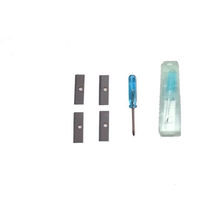 Four-hole plastic pencil sharpener with geometric boxed design and screwdriver