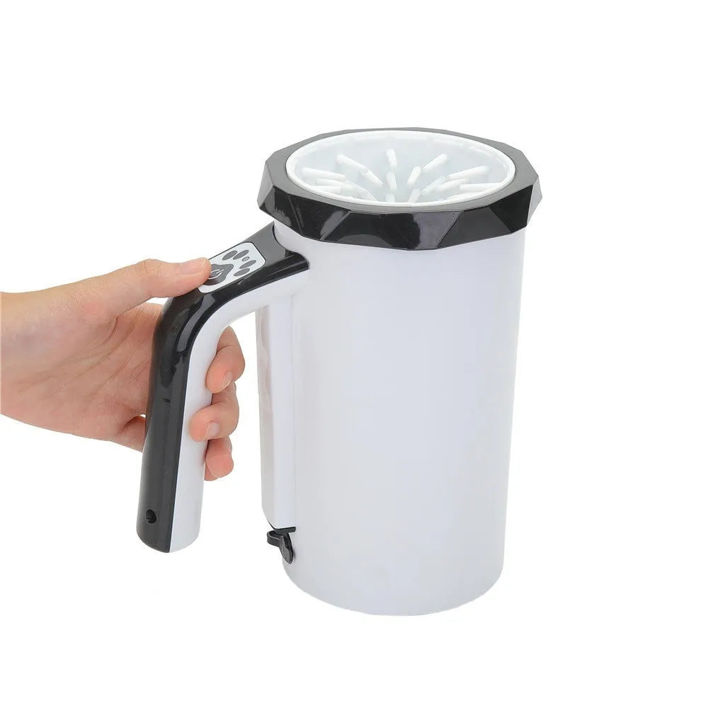 Automatic dog foot-washing cup in white and blue with USB rechargeable silicone and ABS body