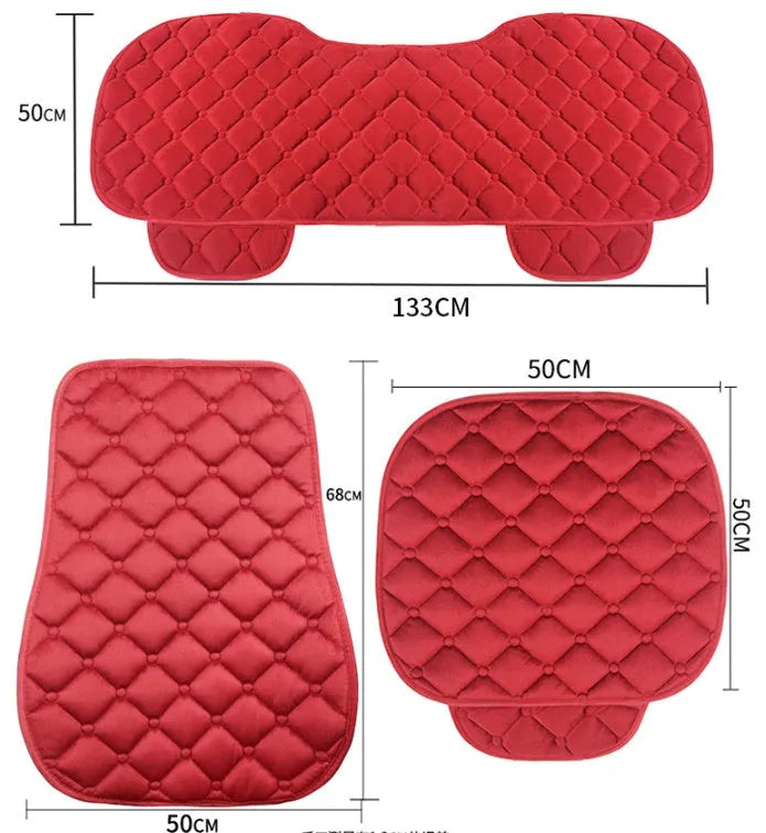 Cotton plush winter car seat cushion shown in burgundy, black, coffee, grey, purple and beige colours.